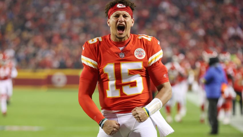 KANSAS CITY, MISSOURI - NOVEMBER 01: Patrick Mahomes #15 of the Kansas City Chiefs reacts before the start of the first half against the New York Giants at Arrowhead Stadium on November 01, 2021 in Kansas City, Missouri. (Photo by Jamie Squire/Getty Images)