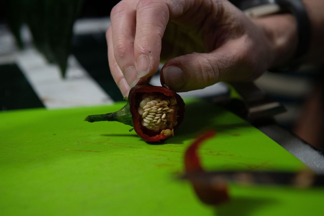 An astronaut cuts slices of red chile pepper during a taste test.