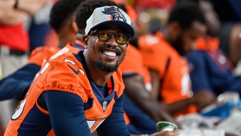 Von Miller looks on during the preseason game between the Denver Broncos and the Los Angeles Rams.