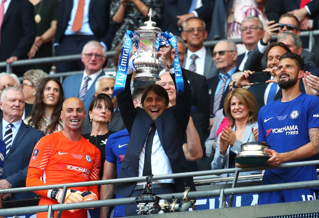 Antonio Conte celebrates winning the FA Cup with Chelsea in 2018. 