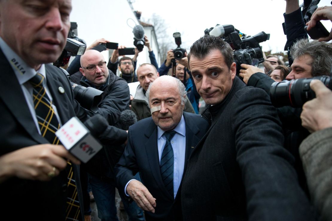 Then-FIFA President Sepp Blatter arrives for a press conference as reaction to his banishment for eight years by the FIFA ethics committee at FIFA's former headquarters in Zurich on Dec. 21, 2015. 