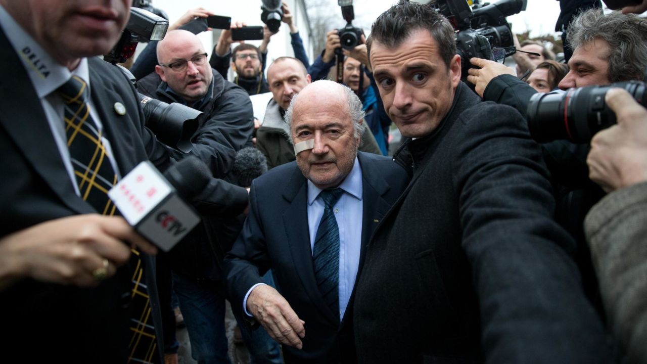Then-FIFA President Sepp Blatter arrives for a press conference as reaction to his banishment for eight years by the FIFA ethics committee at FIFA's former headquarters in Zurich on Dec. 21, 2015. 