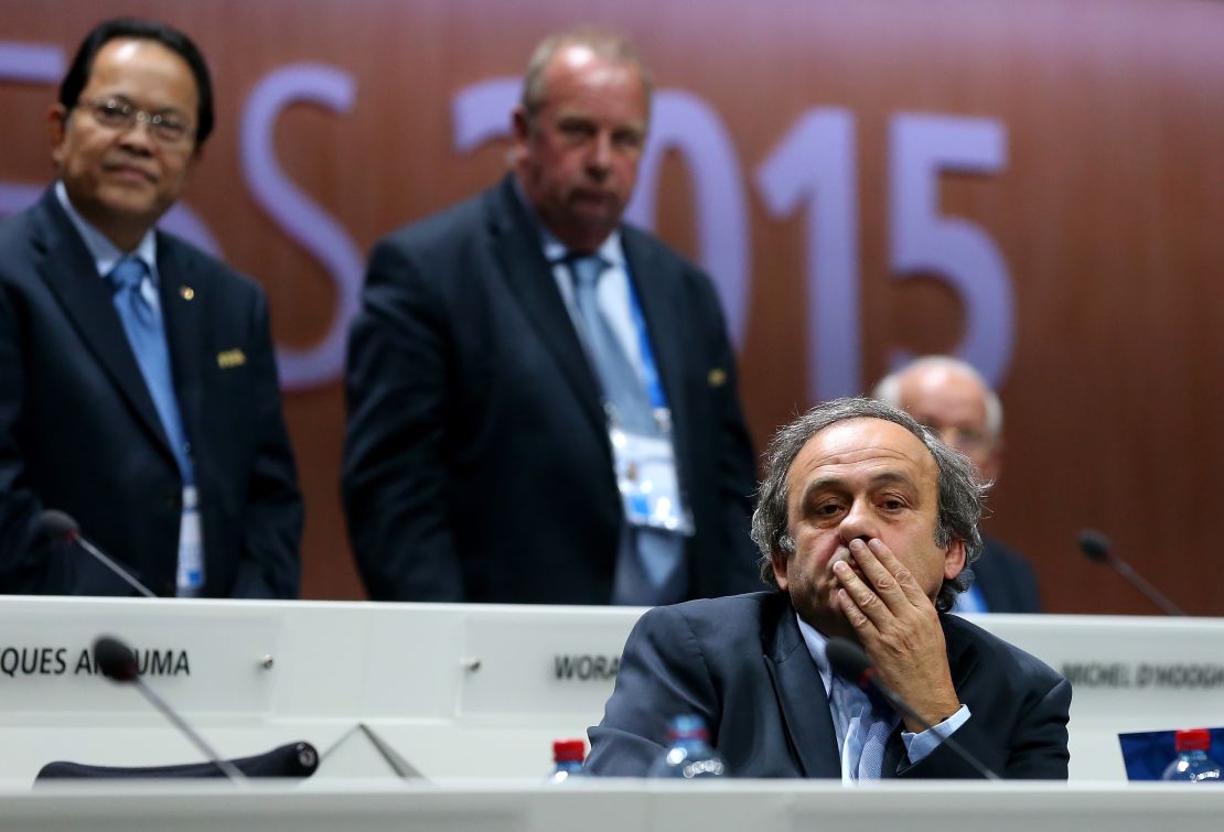 Then-UEFA President Michel Platini looks on at Sepp Blatter's 2015 re-election as FIFA President during the 65th FIFA Congress in Zurich, Switzerland.  