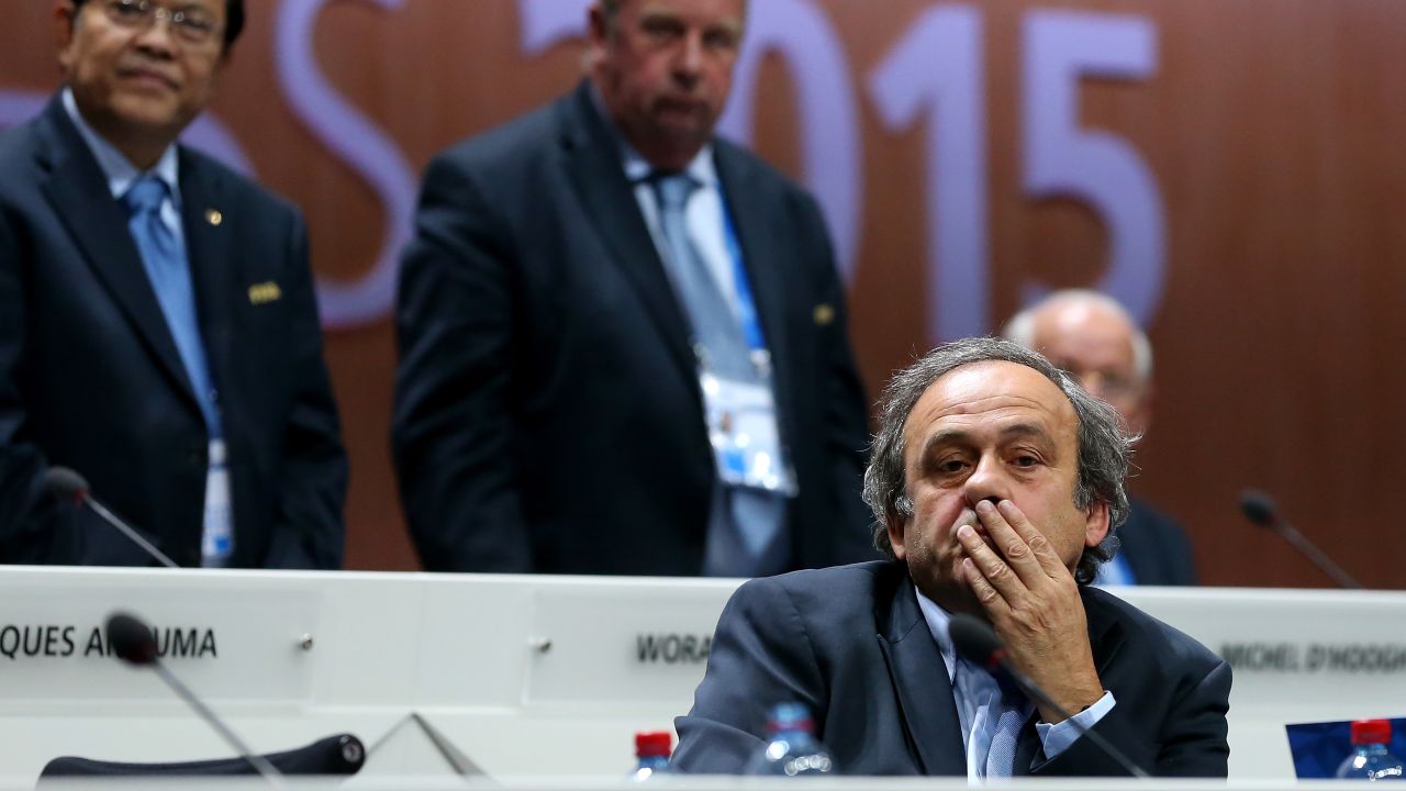 Then-UEFA President Michel Platini looks on at Sepp Blatter's 2015 re-election as FIFA President during the 65th FIFA Congress in Zurich, Switzerland.
