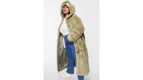 Asos Design Hooded Faux Fur Maxi Coat in Sage