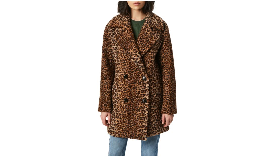 Bernardo Animal Print Double Breasted Bouclé Coat