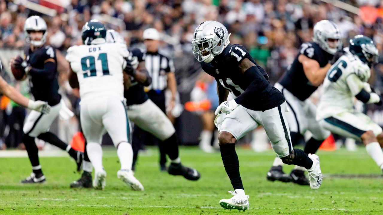 Las Vegas Raiders wide receiver Henry Ruggs III runs a route against the Philadelphia Eagles during the first half of a game on October 24, 2021 in Las Vegas.