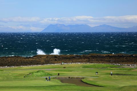 A view over the course from the clubhouse at the Sudurnesja Golf Club. 