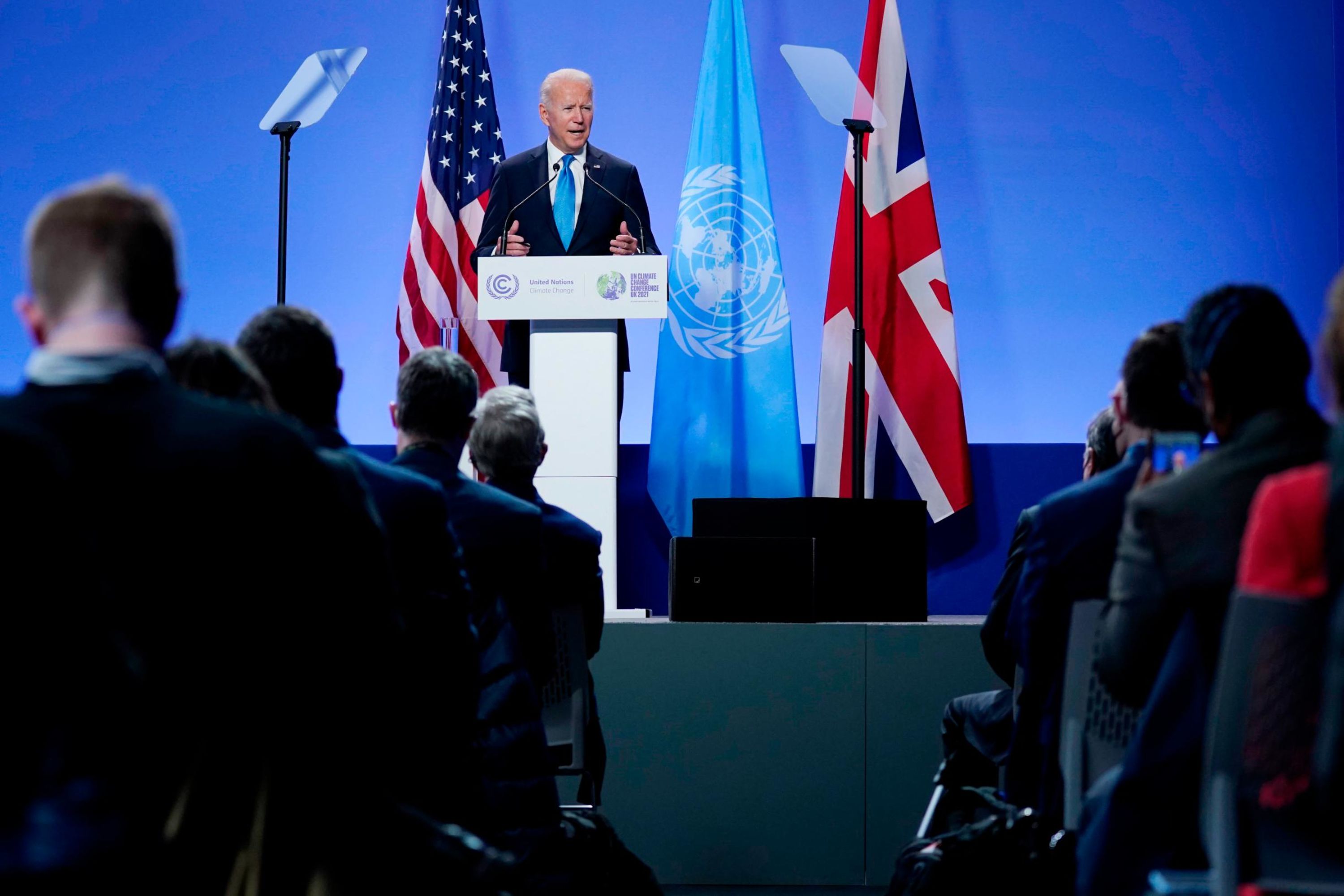 US President Joe Biden speaks during a news conference at COP26, a climate change summit in Glasgow, Scotland, on Tuesday, November 2.
