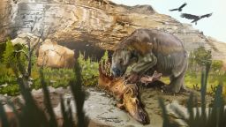 Reconstruction of the South American giant ground sloth Mylodon darwinii feeding on the carcass of the hoofed native herbivore Macrauchenia. These extinct mammals roamed the Pleistocene landscape of Patagonia and other parts of high and mid-latitude South America, like this reconstructed scene from about 12,000 years ago in front of the famous Mylodon Cave (Cueva del Milodón) in southern Chile.