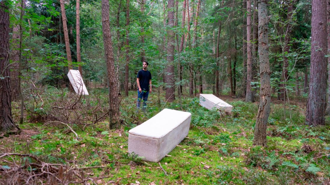 The coffin (pictured with inventor Bob Hendrikx) is designed to decompose in roughly 45 days once placed in the ground. A traditional wooden coffin, in comparison, can take up to 20 years.