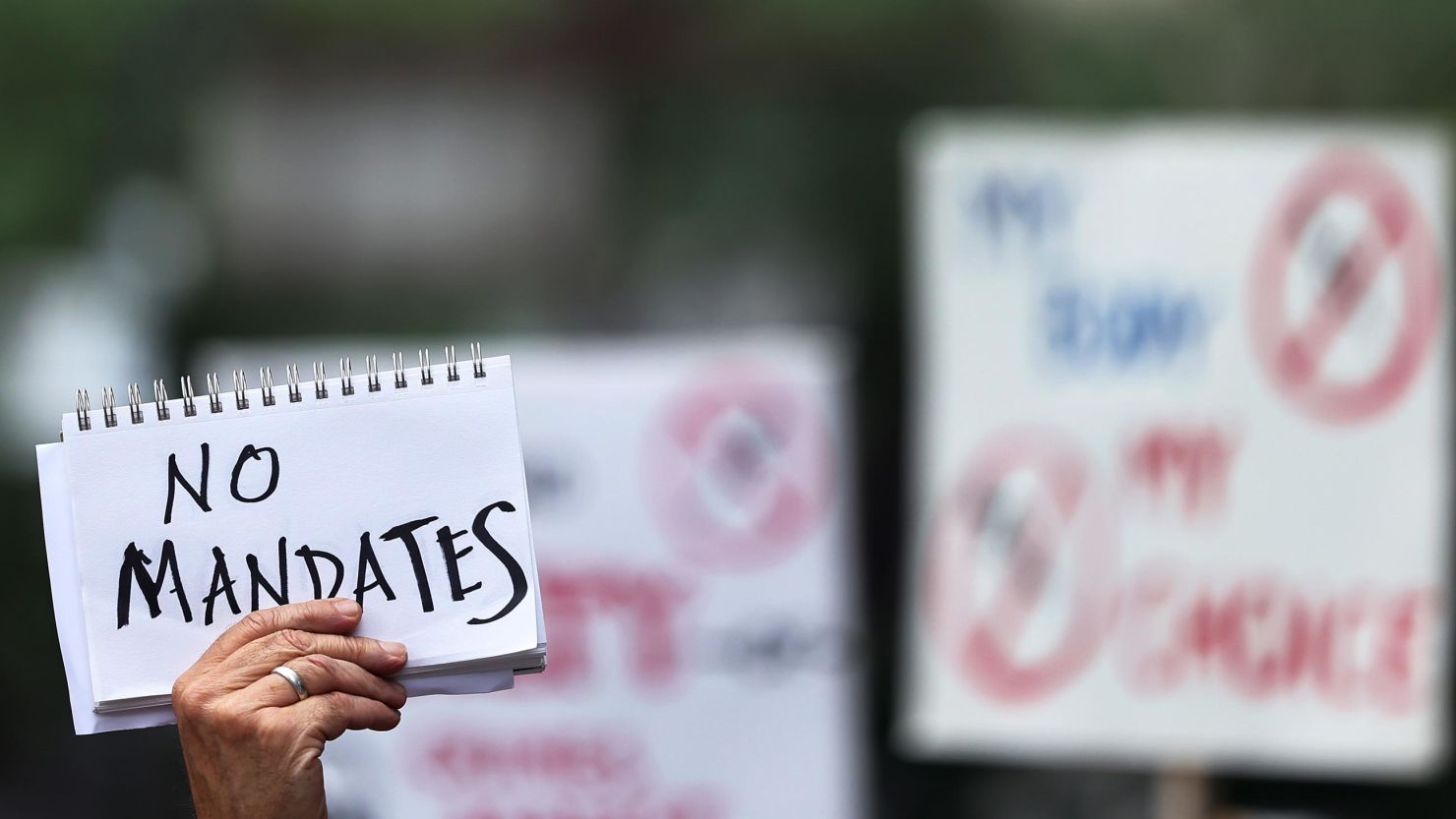 People gather at City Hall to protest vaccine mandates on August 09, 2021 in New York City. 