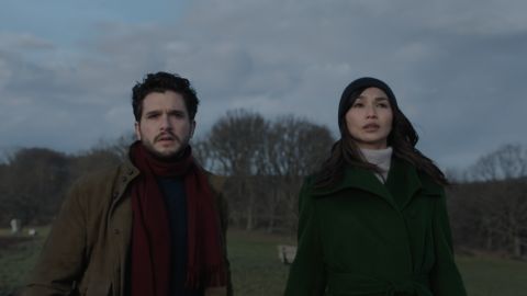 Dane Whitman (Kit Harington, left) is in a relationship with Sersi (Gemma Chan) when we meet him in "Eternals."