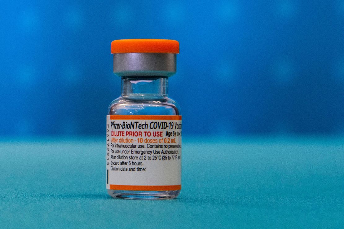 A vial of the new children's dose of the Pfizer-BioNTech Covid-19 vaccine (that will supply 10 doses, once reconstituted) is seen at Hartford Hospital in Connecticut Tuesday.