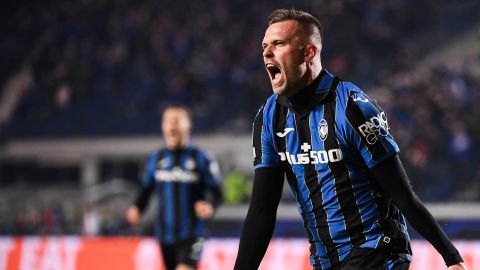 Josip Ilicic celebrates after scoring against Manchester United.