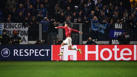 Cristiano Ronaldo celebrates after scoring against Atalanta. 