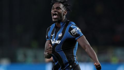 Zapata celebrates scoring against Manchester United.