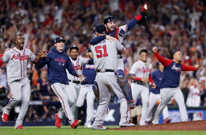 Braves pitcher Will Smith and catcher Travis d'Arnaud celebrate <a href="index.php?page=&url=https%3A%2F%2Fwww.cnn.com%2Fsport%2Flive-news%2Fworld-series-2021-braves-astros-game-6%2Fh_f7d70381724a854ab83a147cfd49039e" target="_blank">winning the World Series</a> in Houston on Tuesday, November 2.