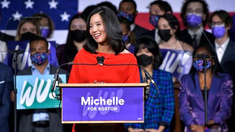 Michelle Wu addresses supporters at her election night party, Tuesday, Nov. 2, 2021, in Boston. Wu defeated fellow City Councilor Annissa Essaibi George in the race for Boston mayor.