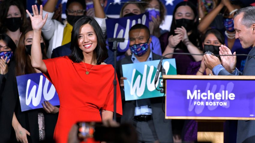 Boston Mayor-elect Michelle Wu greets supporters at her election night party, Tuesday Nov. 2, 2021, in Boston. Wu defeated fellow City Councilor Annissa Essaibi George in the race.