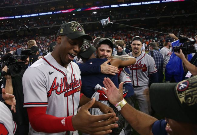 Braves designated hitter Jorge Soler celebrates after winning the World Series. Soler was <a href="index.php?page=&url=https%3A%2F%2Fwww.cnn.com%2Fsport%2Flive-news%2Fworld-series-2021-braves-astros-game-6%2Fh_f25ab2ae9a1dc81041e591de517bf90e" target="_blank">awarded the title of MVP.</a>