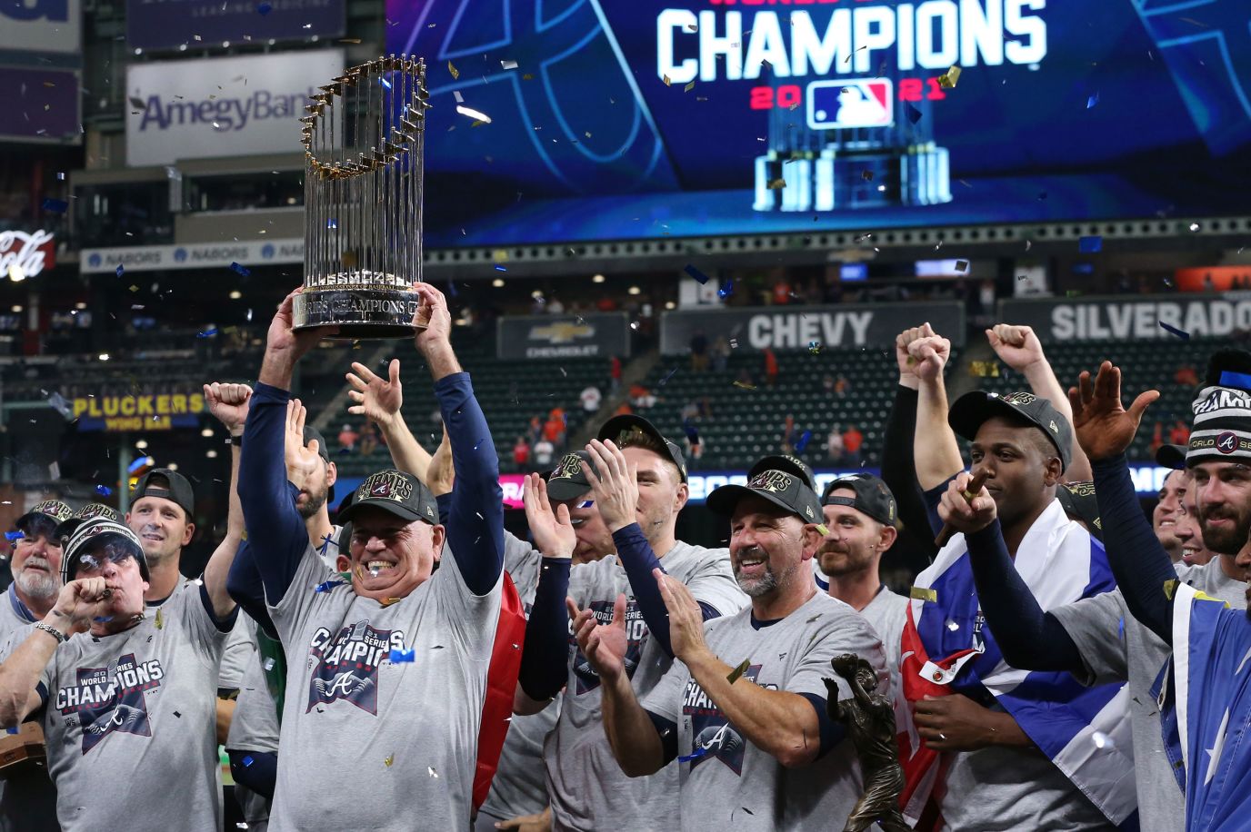 Atlanta Braves Unsigned 2021 MLB World Series Champions Team Dogpile Photograph