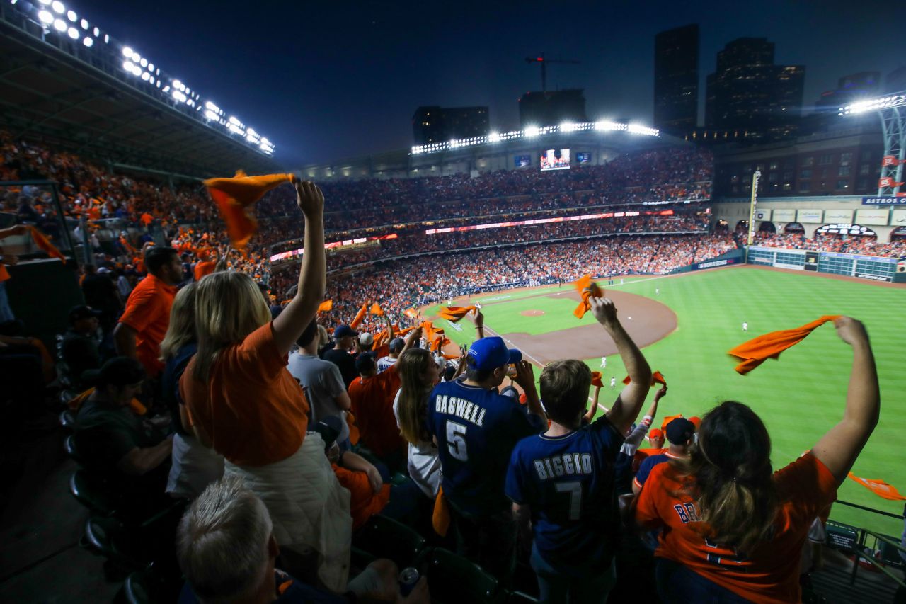 Houston Astros fans wave rally towels during Game 6 at Minute Maid Park in Houston.
