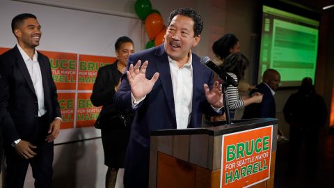 Bruce Harrell, who is running against Lorena Gonzalez in the race for mayor of Seattle, speaks to supporters, Tuesday, Nov. 2, 2021, on election night in Seattle.