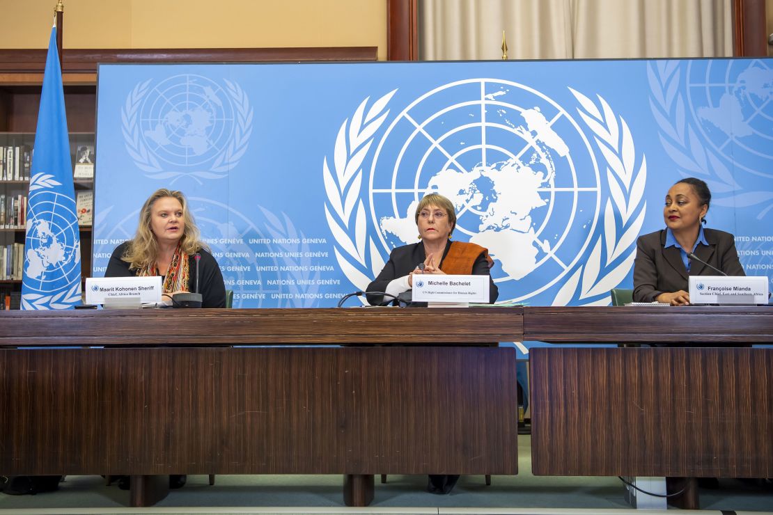 UN human rights chief Michelle Bachelet (center) speaks at a news conference about  the joint investigation into the Tigray conflict at UN HQ in Geneva, Switzerland on Wednesday.