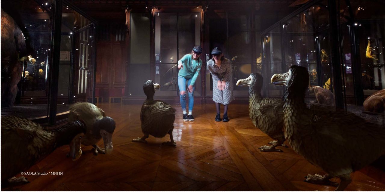 The aim of the project is to raise awareness of how many species are going extinct so that people can avoid making the mistakes of the past. Nearly two-thirds of the world's wildlife population was wiped out in the past 50 years, according to the WWF. Through augmented reality glasses, visitors can witness the unusual revival of vanished species, such as the dodo from the island of Mauritius, seen in this illustration.