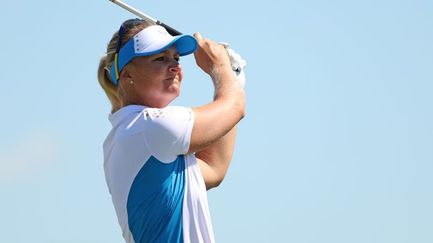 TOLEDO, OHIO - SEPTEMBER 06: Anna Nordqvist of Team Europe plays her shot from the third tee during the Singles Match on day three of the Solheim Cup at the Inverness Club on September 06, 2021 in Toledo, Ohio. (Photo by Maddie Meyer/Getty Images)