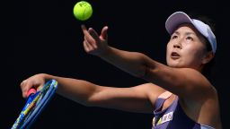 China's Peng Shuai serves to Japan's Nao Hibino during their first round singles match at the Australian Open tennis championship in Melbourne, Australia, Tuesday, Jan. 21, 2020. (AP Photo/Andy Brownbill)