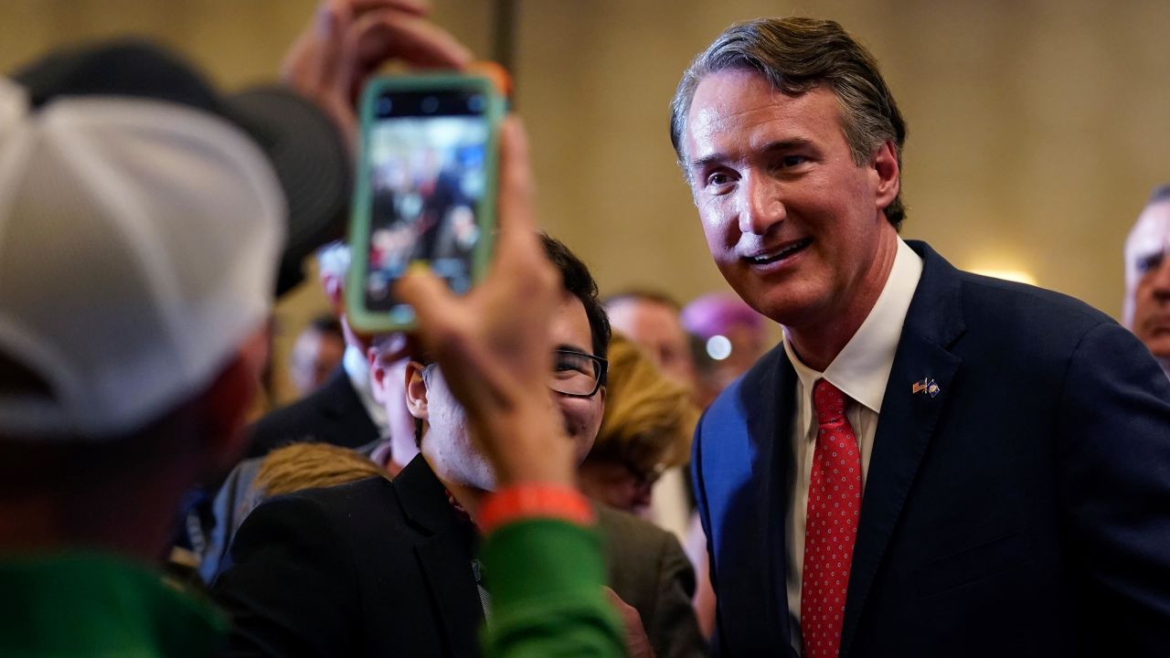 Virginia Gov.-elect Glenn Youngkin greets supporters at an election night party in Chantilly, Va., early Wednesday, Nov. 3, 2021, after he defeated Democrat Terry McAuliffe. 