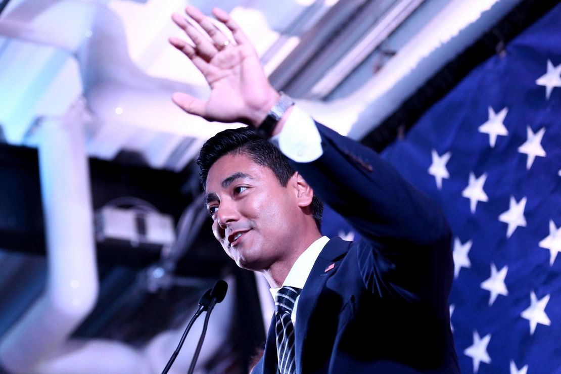 Aftab Pureval speaks during an election night watch party, Tuesday, Nov. 6, 2018, in Cincinnati.