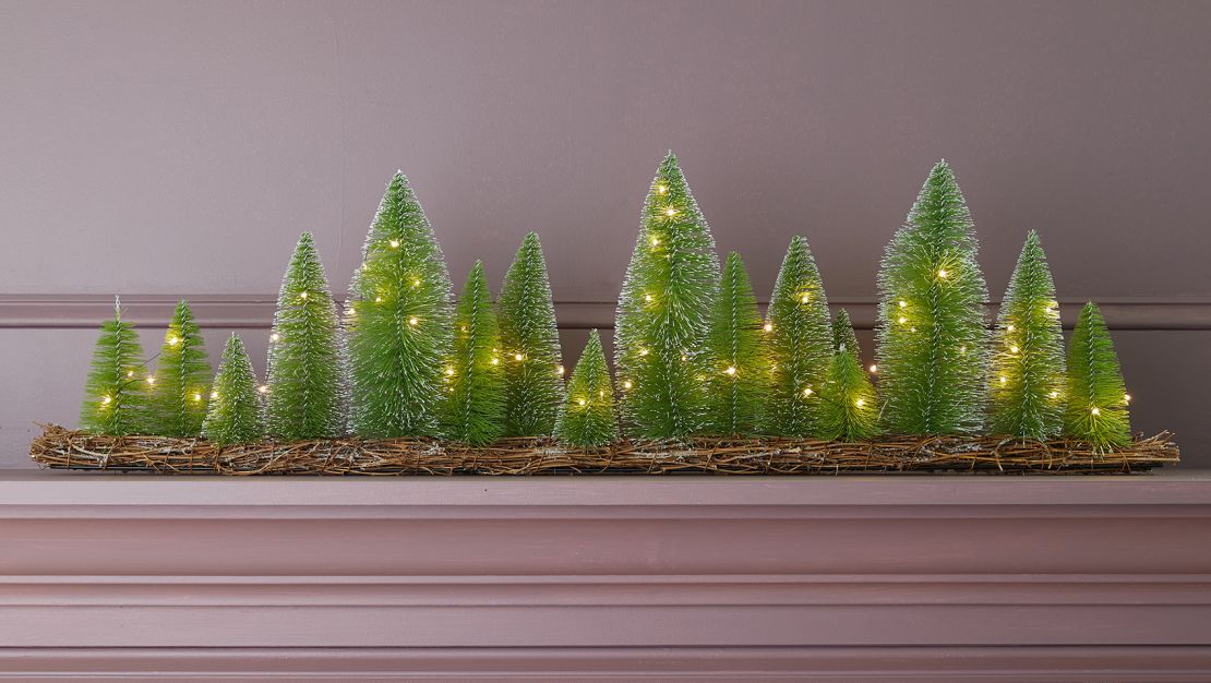 Set of 2 LED Pre-Lit Gold Mini Bottle Brush Pine Christmas Village Trees
