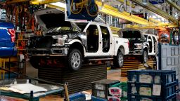 This photo shows Ford 2018 and 2019 F-150 trucks on the assembly line at the Ford Motor Company's Rouge Complex on September 27, 2018 in Dearborn, Michigan. - Ford Motor Company's Rouge complex is the only one in American history to manufacture vehicles  including ships, tractors and cars  non-stop for 100 years. (Photo by JEFF KOWALSKY / AFP)        (Photo credit should read JEFF KOWALSKY/AFP via Getty Images)