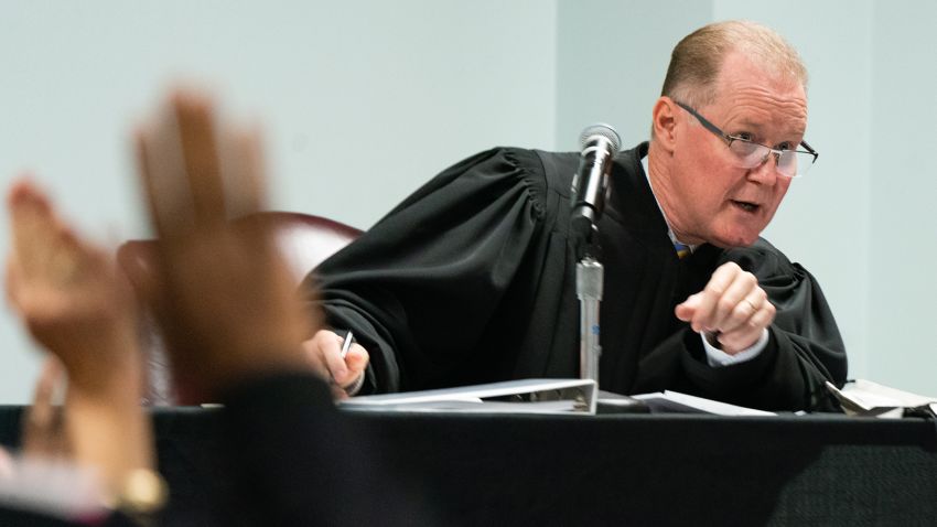BRUNSWICK, GA - OCTOBER 26: Judge Timothy Walmsley questions potential jurors during jury selection in the trial of the men charged with killing Ahmaud Arbery at the Glynn County Superior Court on October 26, 2021 in Brunswick, Georgia. Gregory and Travis McMichael and their neighbor, William "Roddie" Bryan are charged with the February 2020 slaying of 25-year-old Ahmaud Arbery. (Photo by Elijah Nouvelage/Getty Images)