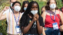 MILAN, ITALY - SEPTEMBER 30: Ugandan climate activist Vanessa Nakate attends a press conference on September 30, 2021 in Milan, Italy. Greta Thunberg and Martina Comparelli of Fridays For Future and Vanessa Nakate of the Rise Up Movement met with Italian Prime Minister Mario Draghi on the sidelines of the Youth4Climate Summit pre-COP26 in Milan to discuss the climate crisis and climate finance. (Photo by Emanuele Cremaschi/Getty Images)