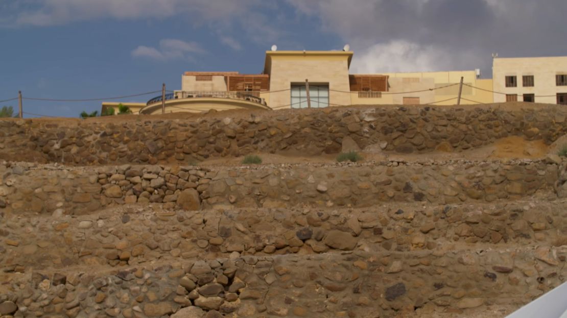 A view of the current shoreline of the Dead Sea shows where water levels have dropped over the years.