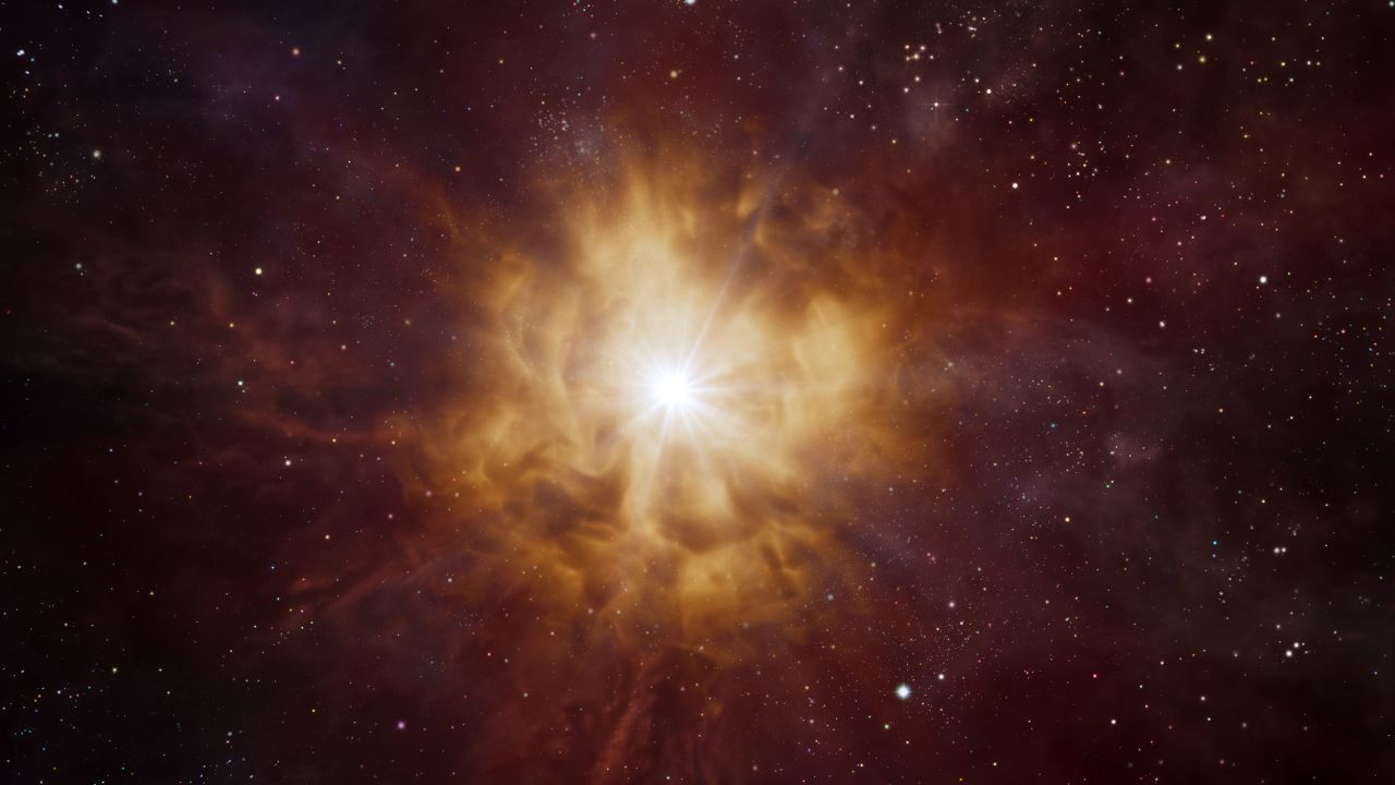 This artist's impression shows the bright core of a Wolf-Rayet star surrounded by material that has been expelled by the star itself. 