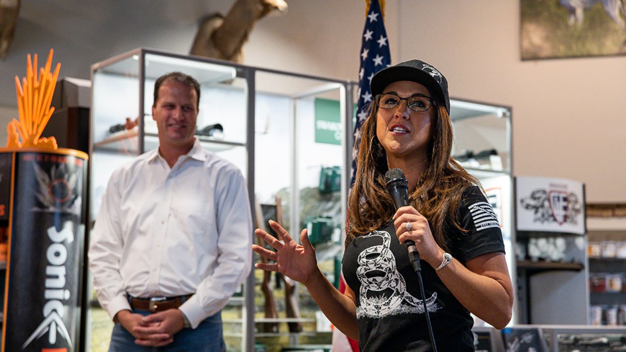 US Rep. Lauren Boebert (R-Colorado), right, speaks during a Second Amendment Rally Sept. 16, 2021, at a gun store in Midland, Texas.