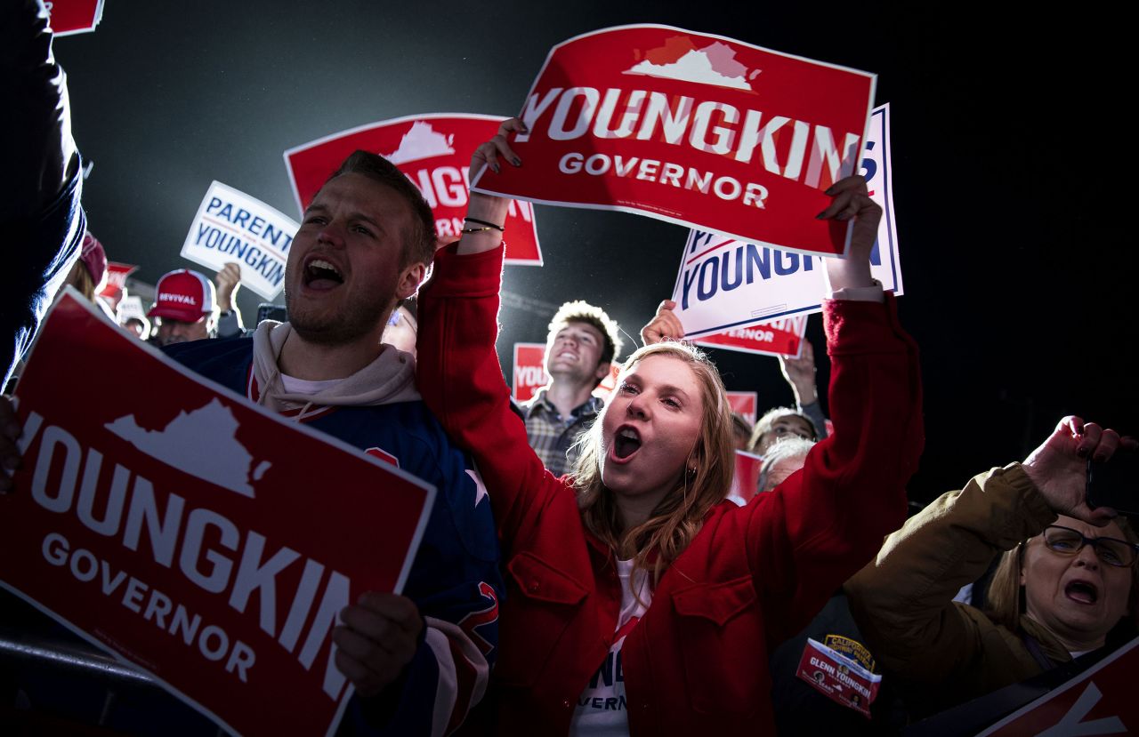 Supporters cheer as Republican gubernatorial candidate for Virginia Glenn Youngkin speaks during a campaign event in Leesburg, Virginia, on Monday, November 1. <a href="https://www.cnn.com/2021/11/03/politics/election-2021-takeaways/index.html" target="_blank">Youngkin defeated Democratic candidate Terry McAuliffe</a>, who had served as Virginia governor from 2014 to 2018.