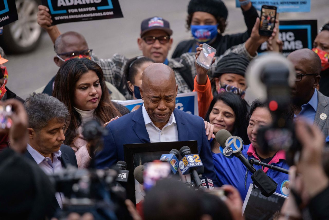 Democratic candidate for mayor of New York Eric Adams speaks to supporters and the media after casting his ballot in Brooklyn, New York, on Tuesday, November 2. Later that night, <a href="https://www.cnn.com/2021/11/02/politics/new-york-city-mayor-election-results/index.html" target="_blank">Adams was elected the 110th mayor of New York City</a>, defeating Republican nominee Curtis Sliwa. Adams, a retired New York Police Department captain who embraced a public safety message, will be the second Black mayor in the city's history, after the late David Dinkins.