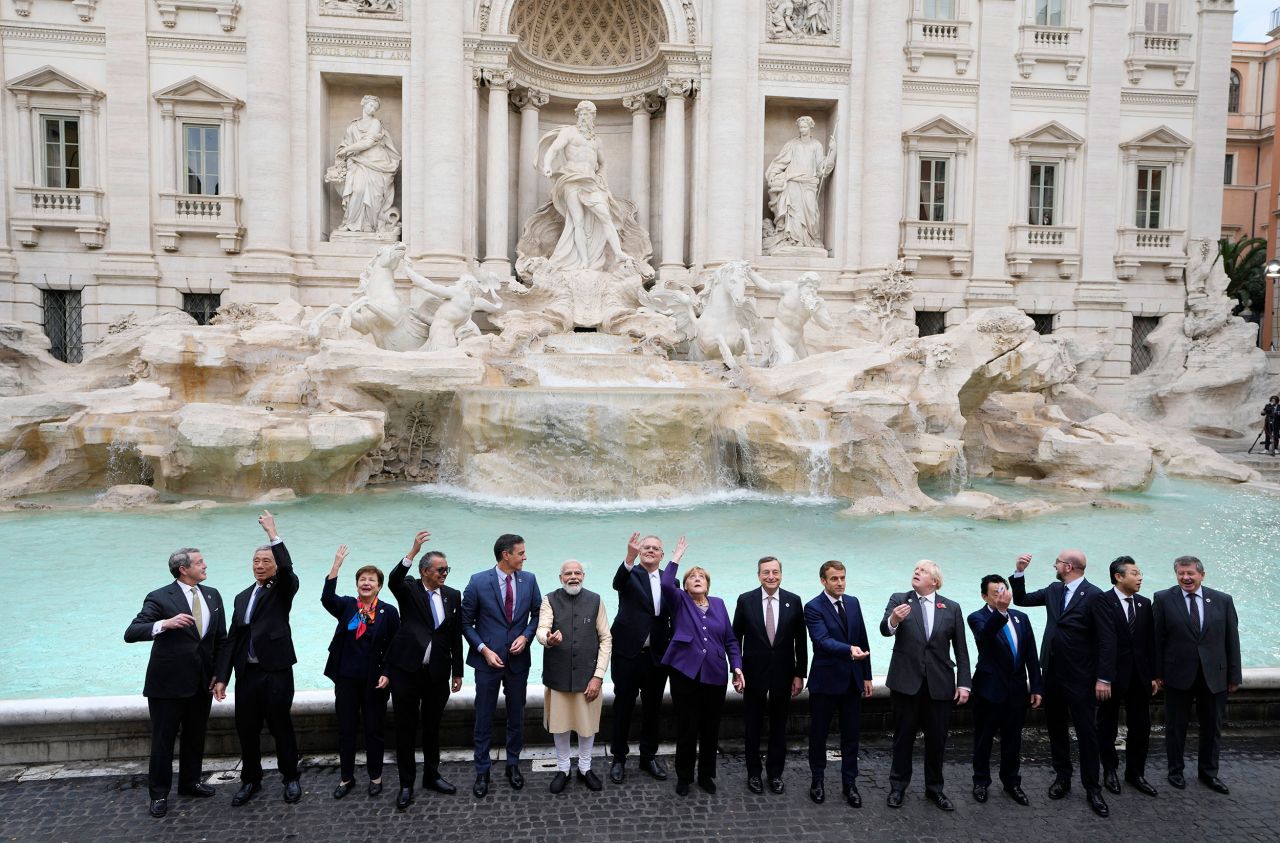 World leaders pose for photos in front of Trevi Fountain in Rome, Italy, during the G20 summit on Sunday, October 31.