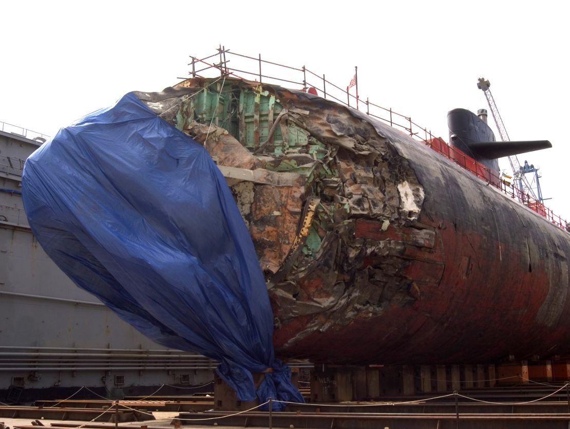 The attack submarine USS San Francisco sits in dry dock, on January 27, 2005, in Apra Harbor, Guam to assess damage sustained after running aground approximately 350 miles south of Guam on January 8, 2005.