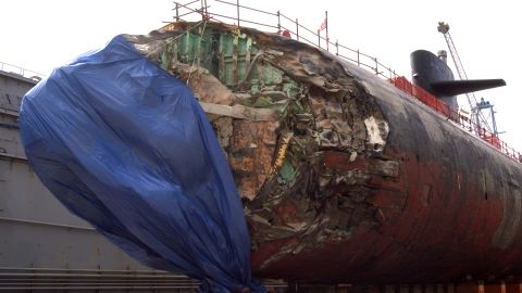 The attack submarine USS San Francisco sits in dry dock, on January 27, 2005, in Apra Harbor, Guam to assess damage sustained after running aground approximately 350 miles south of Guam on January 8, 2005.