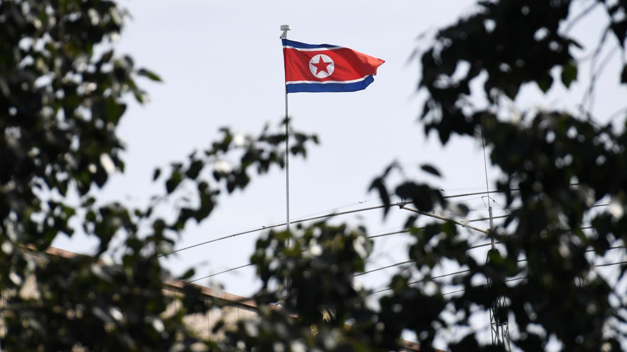 The North Korean flag flies above the North Korean embassy in Beijing on September 9, 2016.