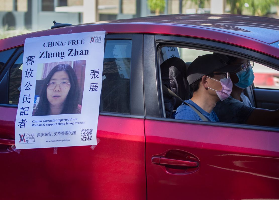 A poster calling for Zhang Zhan's release is seen on a car in Pasadena, California on November 15, 2020.