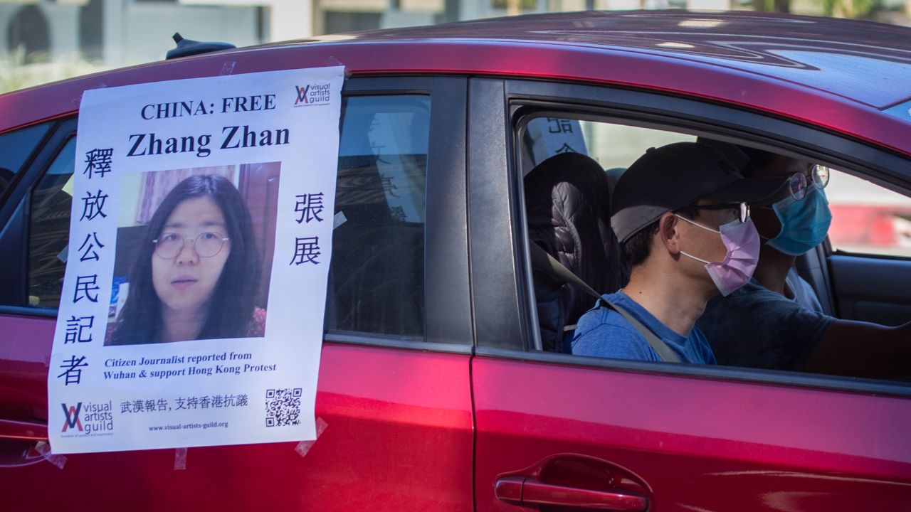 A poster calling for Zhang Zhan's release is seen on a car in Pasadena, California on November 15, 2020.