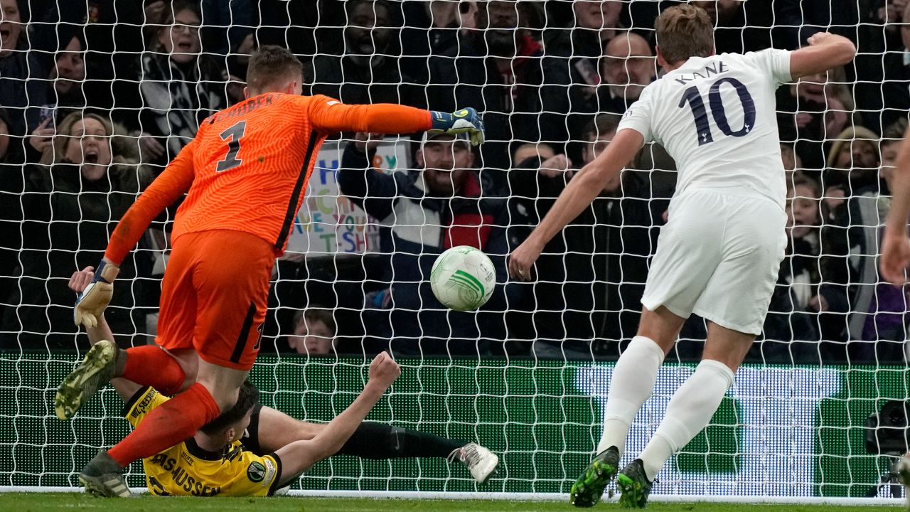 Tottenham's Harry Kane watches as Vitesse's Jacob Rasmussen scores an own goal.